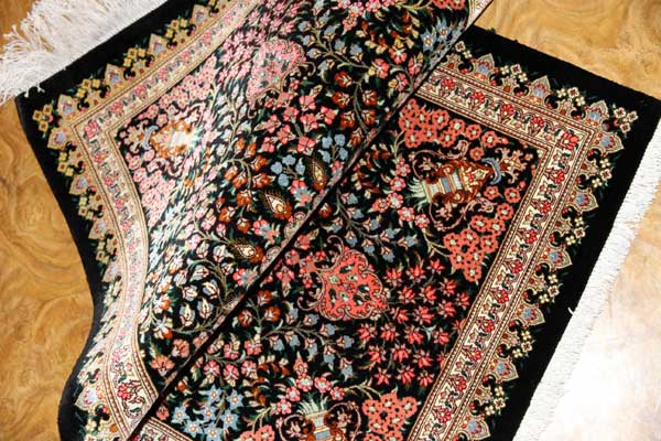 高級玄関マットペルシャ絨毯クムシルク100%メダリオンデザイン 49043 サイズ:91x58 CM