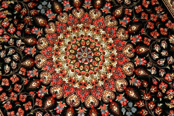 高級玄関マットペルシャ絨毯クムシルク100%メダリオンデザイン 49043 サイズ:91x58 CM