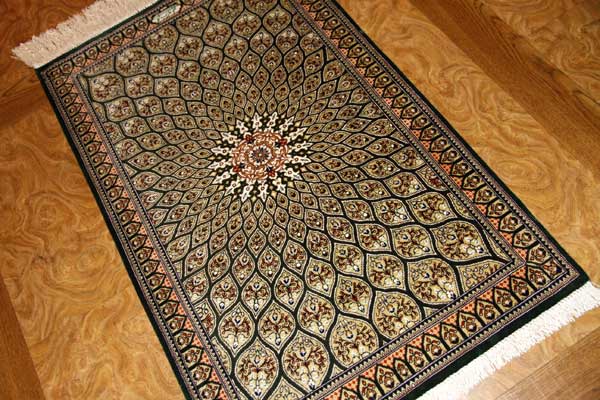 シックな玄関マット、オリエンタルラグマットペルシャ絨毯49031,クム、シルクサイズ:96x60 CM