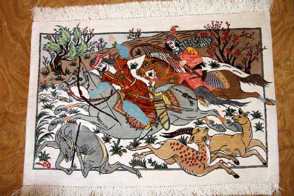 小さいハンティングデザインペルシャ絨毯手織り49008、サイズ:58x39cm