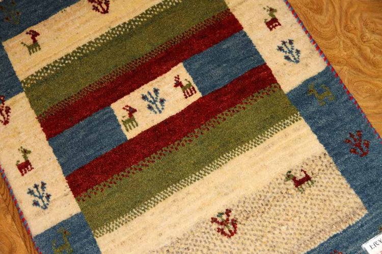 代表的なギャッベ模様、コルデスタンの高品質ギャッベ197210、サイズ:86x65cm(フサ含まず)
