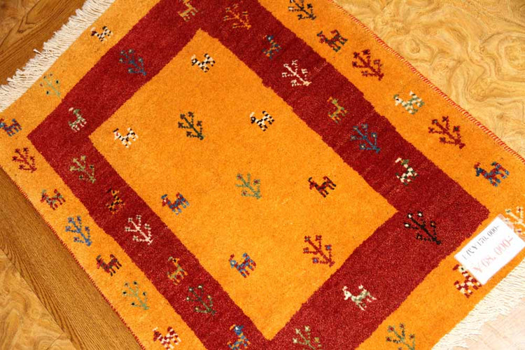 リズバフトギャッベ高品質コルデスタンギャッベマットイラン製26217、サイズ:88x64cm(フサ含まず、