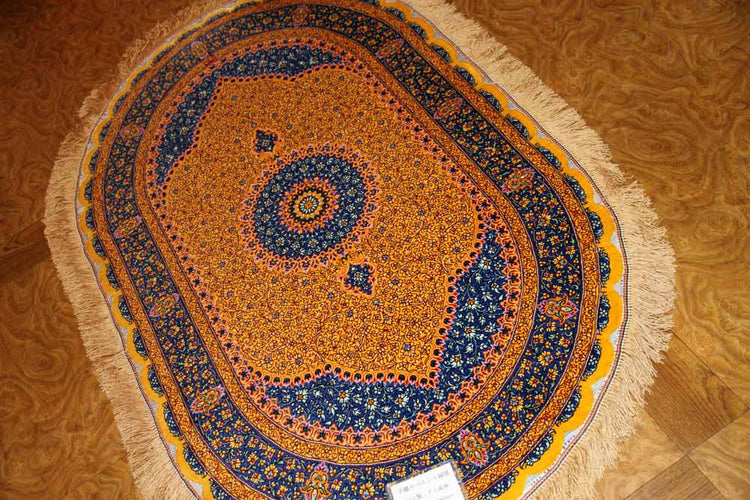 ペルシャ絨毯シルクの楕円形、とても可愛い黄色145834、サイズ:120x76 CM