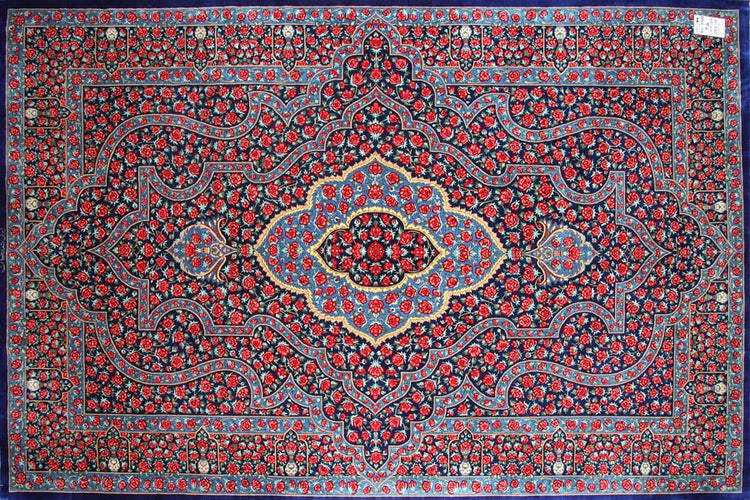 ハンドメイドシルクラグペルシャ絨毯クム57020、高級シルクラグ、サイズ:208x135cm(フサ含まず)