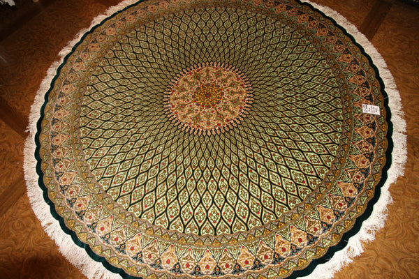 丸いペルシャじゅうたんクム、円形ジュウタン48088、サイズ:200x200 cm(フサ含まず)