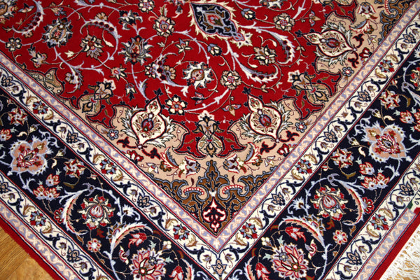ペルシャ伝統のイスファハン町カーペット99432レッドカーペット、イラン絨毯、サイズ:241x155cm(フサ含まず)