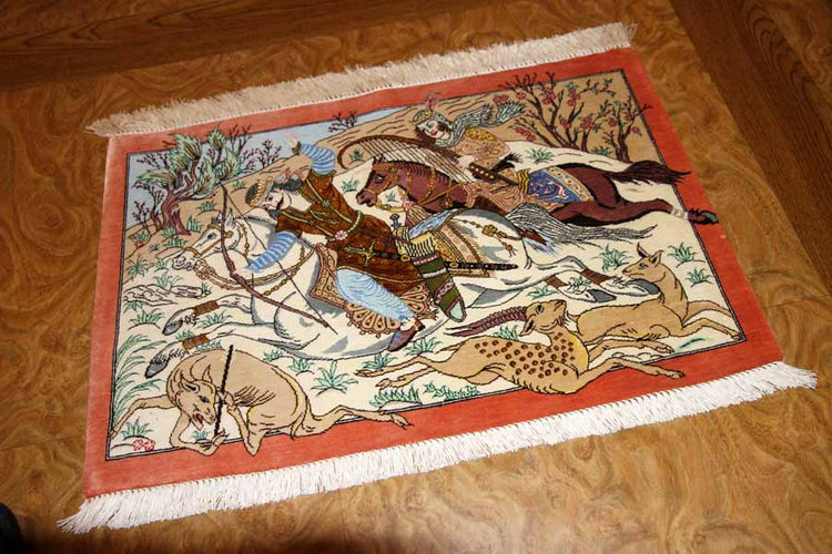 シルクのハンティングデザイン手織りペルシャ50006、サイズ:60x40cm