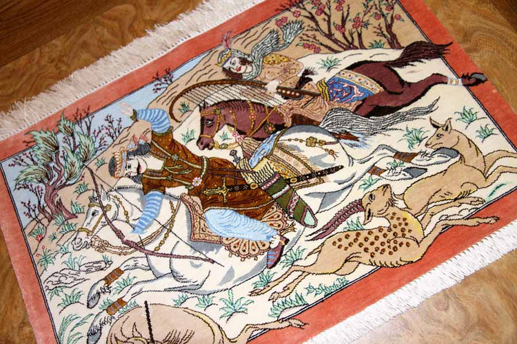 シルクのハンティングデザイン手織りペルシャ50006、サイズ:60x40cm