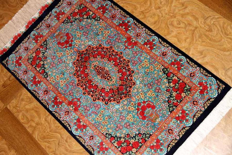 鮮やかなブルー色の玄関マットシルクペルシャ56039、サイズ: 94x58 CM 、blue silk carpet