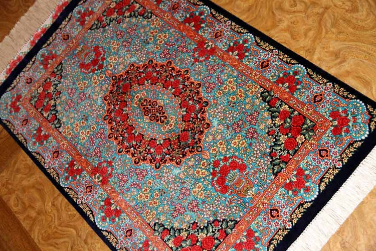 鮮やかなブルー色の玄関マットシルクペルシャ56039、サイズ: 94x58 CM 、blue silk carpet