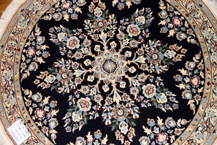 丸い手織りペルシャ絨毯ナイン紺色28661、サイズ:112x112 CM