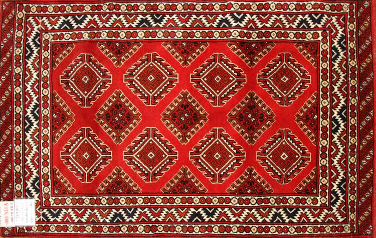 手織りペルシャ絨毯トルケマン産ウール玄関マット58506、サイズ:120x81cm(フサ含まず、
