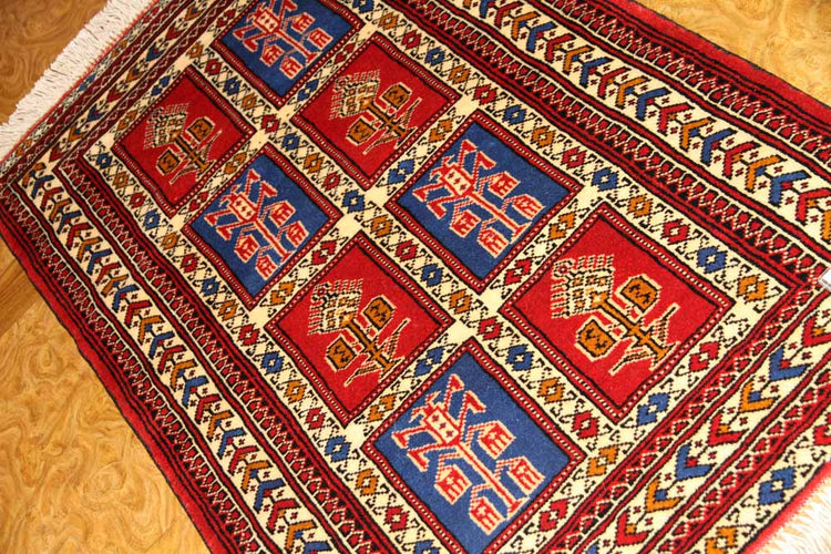 手織りペルシャ絨毯トルケマン産ウール玄関マット58557、サイズ:122x82cm(フサ含まず)