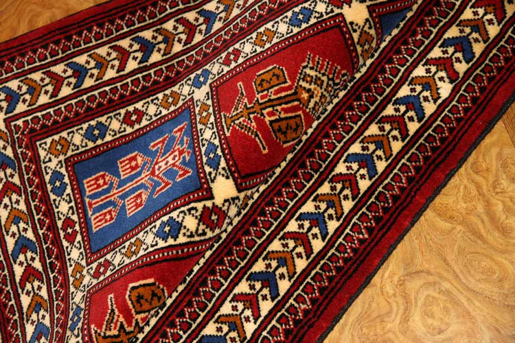 手織りペルシャ絨毯トルケマン産ウール玄関マット58557、サイズ:122x82cm(フサ含まず)