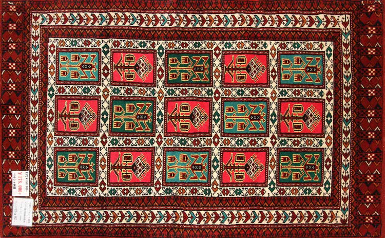 手織りペルシャ絨毯トルケマン産ウール玄関マット58584、サイズ:125x82cm(フサ含まず)