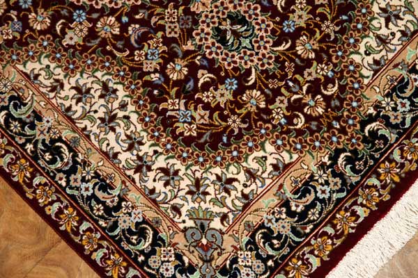 クム産地シルク100%玄関マットメダリオンデザイン、ペルシャ絨毯49038、サイズ:95x60 CM