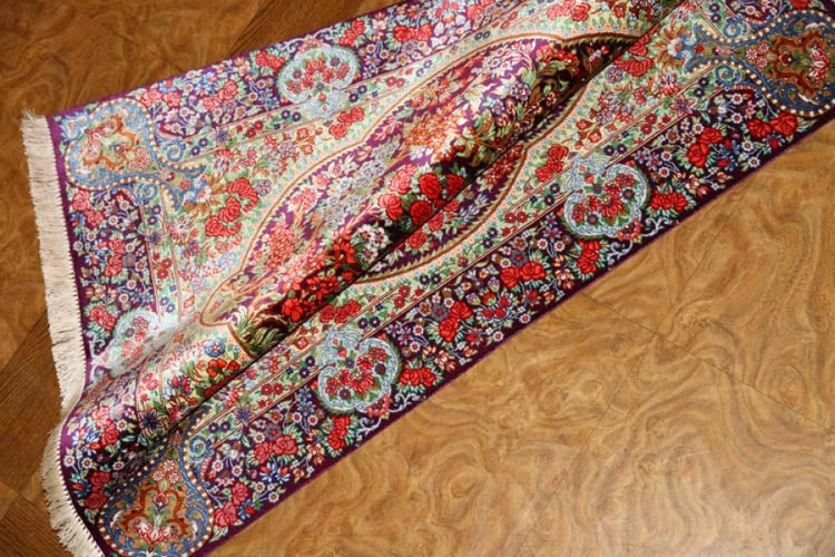 花模様シルク手織りペルシャ絨毯、玄関マットサイズ56049、サイズ: 89x60 CM