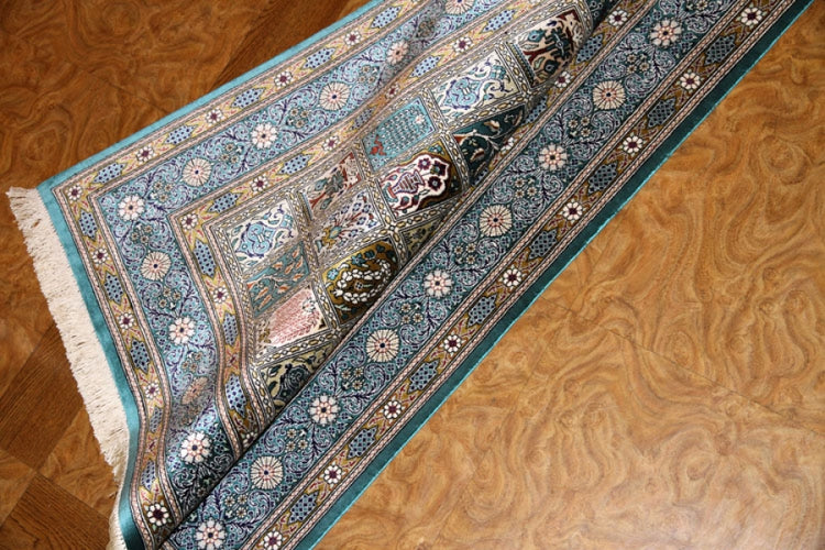 グリーン色のヘシティーデザイン絹玄関マットのペルシャ絨毯56068、サイズ:121x78cm(フサ含まず)