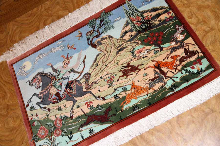 クムシルクのハンティングデザインペルシャ絨毯50013、サイズ:58x40 CM