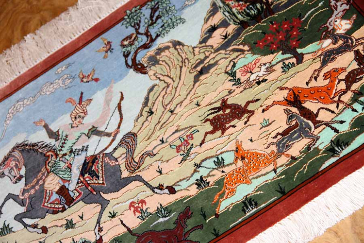クムシルクのハンティングデザインペルシャ絨毯50013、サイズ:58x40 CM