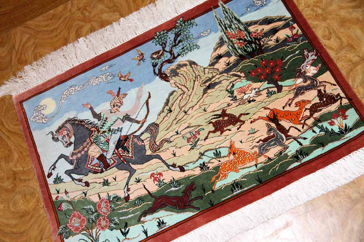 クムシルクのハンティングデザインペルシャ絨毯50013、サイズ:58x40 CM