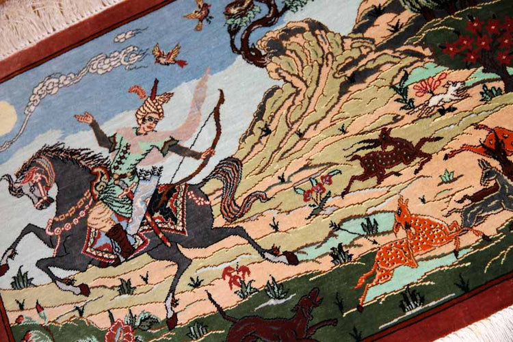 クムシルクのハンティングデザインペルシャ絨毯50013、サイズ:58x40 CM