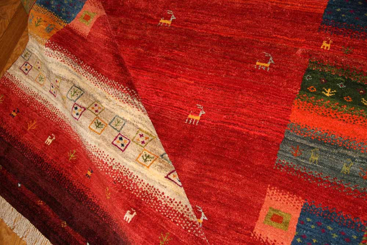 高品質イラン製赤いギャッベ手織りペルシャリビングギャッベ192197、サイズ:245x175 CM (フサ含まず)