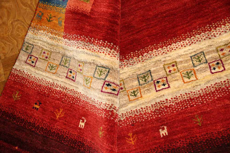 高品質イラン製赤いギャッベ手織りペルシャリビングギャッベ192197、サイズ:245x175 CM (フサ含まず)