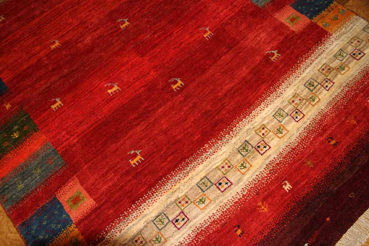 高品質イラン製赤いギャッベ手織りペルシャリビングギャッベ192197、サイズ:245x175 CM (フサ含まず)