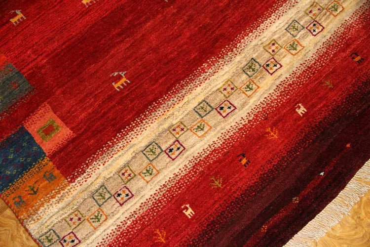 高品質イラン製赤いギャッベ手織りペルシャリビングギャッベ192197、サイズ:245x175 CM (フサ含まず)
