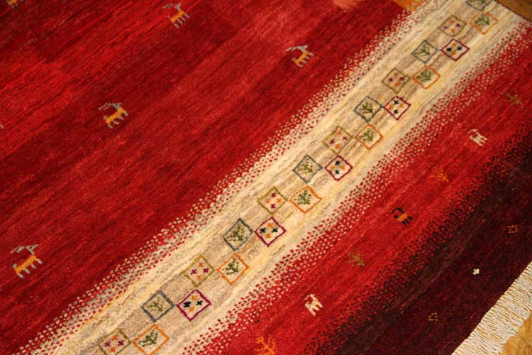 高品質イラン製赤いギャッベ手織りペルシャリビングギャッベ192197、サイズ:245x175 CM (フサ含まず)
