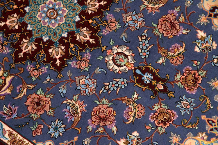 最高級手織りペルシャ絨毯イスファハン玄関マットブルー21113、サイズ:135x90cm(フサ含まず)