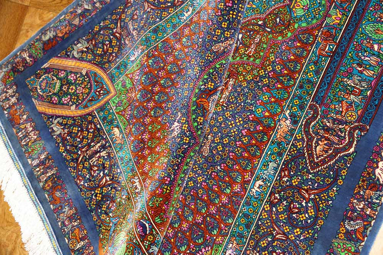 トップクラス手織りシルクペルシャ絨毯有名工房センターラグ60019、サイズ:153x103 CM (フサ含まず)