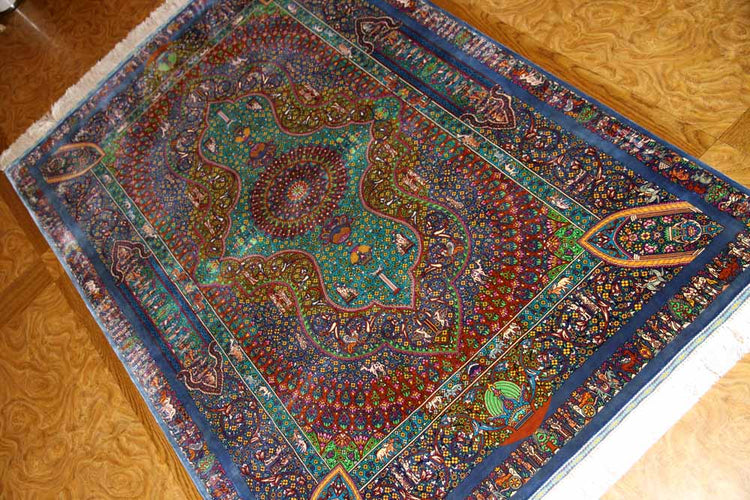 トップクラス手織りシルクペルシャ絨毯有名工房センターラグ60019、サイズ:153x103 CM (フサ含まず)