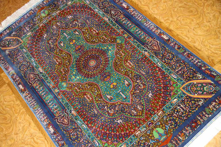 トップクラス手織りシルクペルシャ絨毯有名工房センターラグ60019、サイズ:153x103 CM (フサ含まず)