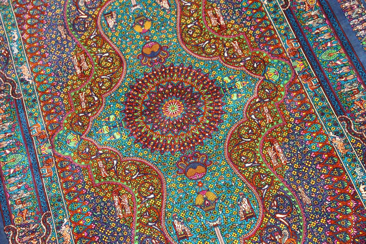 トップクラス手織りシルクペルシャ絨毯有名工房センターラグ60019、サイズ:153x103 CM (フサ含まず)