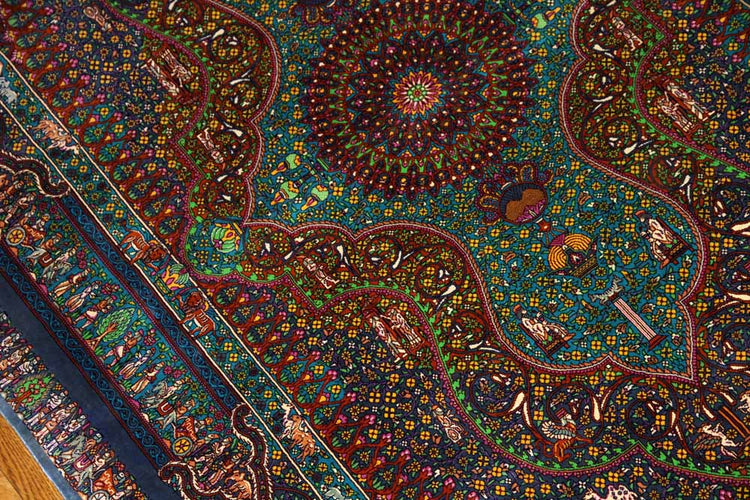 トップクラス手織りシルクペルシャ絨毯有名工房センターラグ60019、サイズ:153x103 CM (フサ含まず)