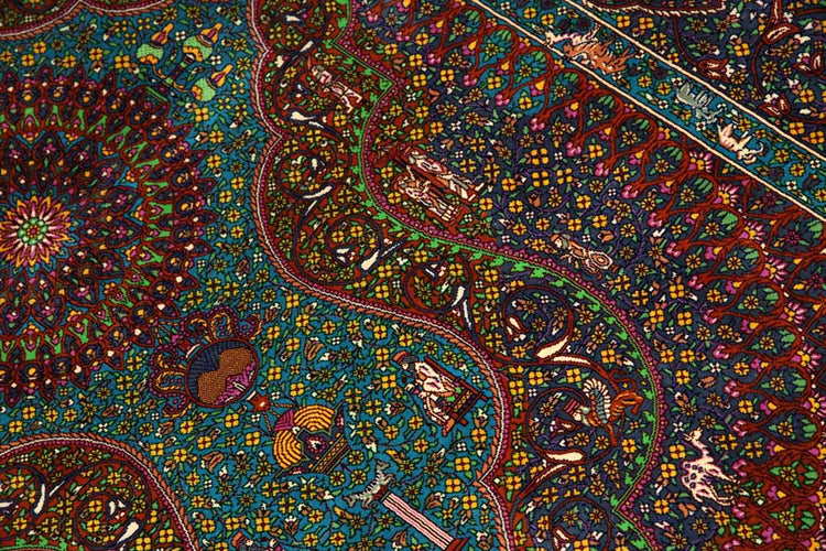 トップクラス手織りシルクペルシャ絨毯有名工房センターラグ60019、サイズ:153x103 CM (フサ含まず)