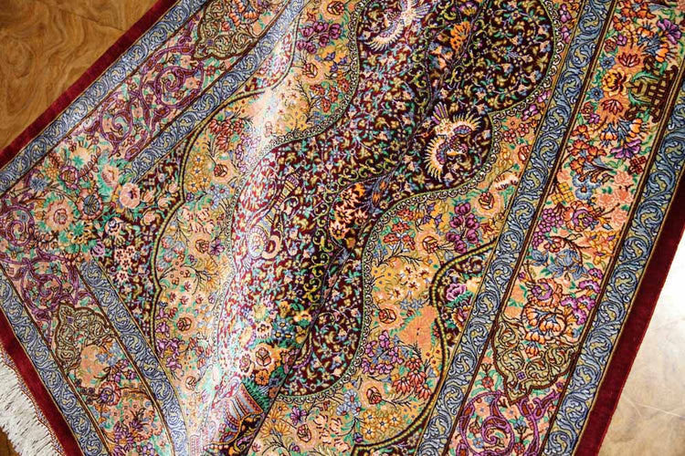 有名工房のジャムシディーセンターラグ、ペルシャ絨毯クム60027、サイズ:148x97 CM (フサ含まず)