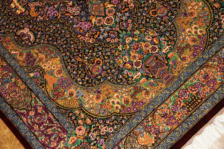 有名工房のジャムシディーセンターラグ、ペルシャ絨毯クム60027、サイズ:148x97 CM (フサ含まず)