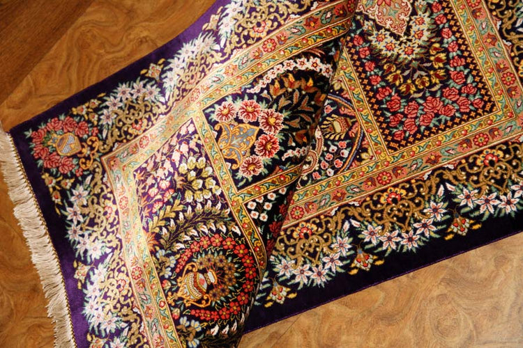 高級手織りペルシャ絨毯ヘシティーデザインシルクの玄関マット57003、サイズ: 90x61cm
