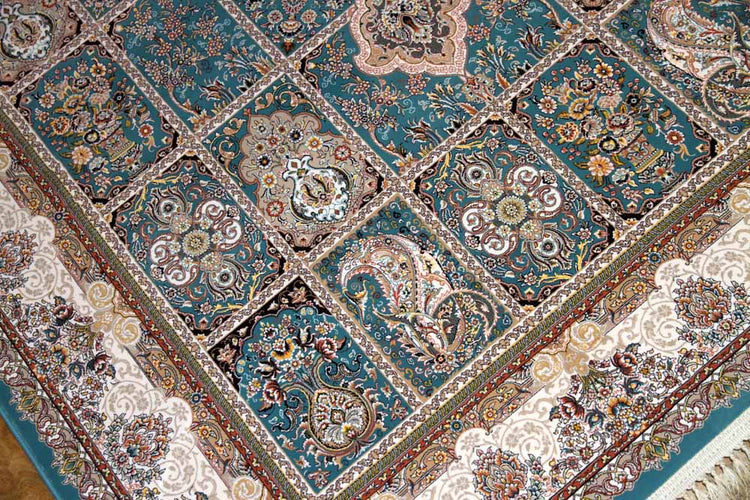 最高級機械織りペルシャカーペットラグブルー990079F,サイズ:225x150 CM (フサを含まず)