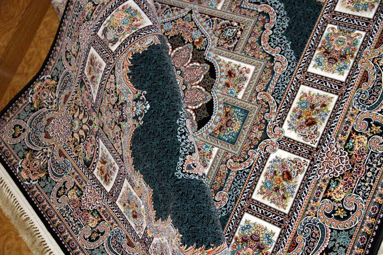 最高級機械織りペルシャカーペットメダリオン紺色990077D,サイズ:225x150 CM (フサを含まず)