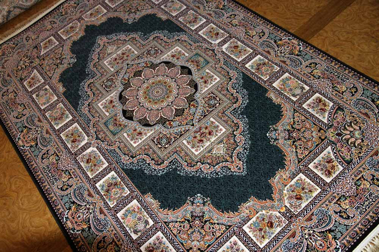 最高級機械織りペルシャカーペットメダリオン紺色990077D,サイズ:225x150 CM (フサを含まず)