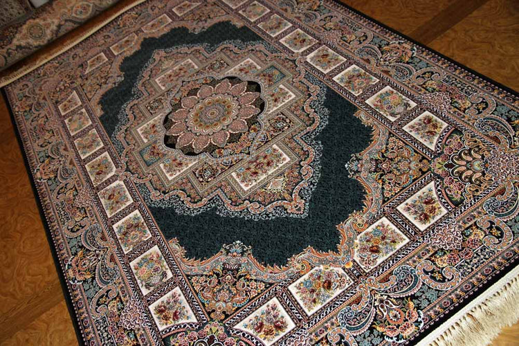 最高級機械織りペルシャカーペットメダリオン紺色990077D,サイズ:225x150 CM (フサを含まず)
