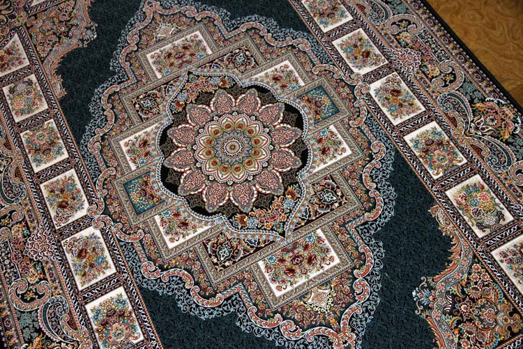 最高級機械織りペルシャカーペットメダリオン紺色990077D,サイズ:225x150 CM (フサを含まず)
