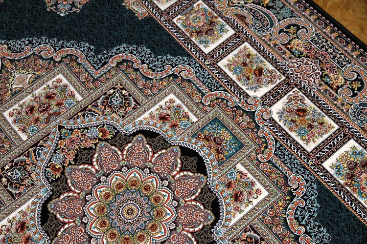 最高級機械織りペルシャカーペットメダリオン紺色990077D,サイズ:225x150 CM (フサを含まず)