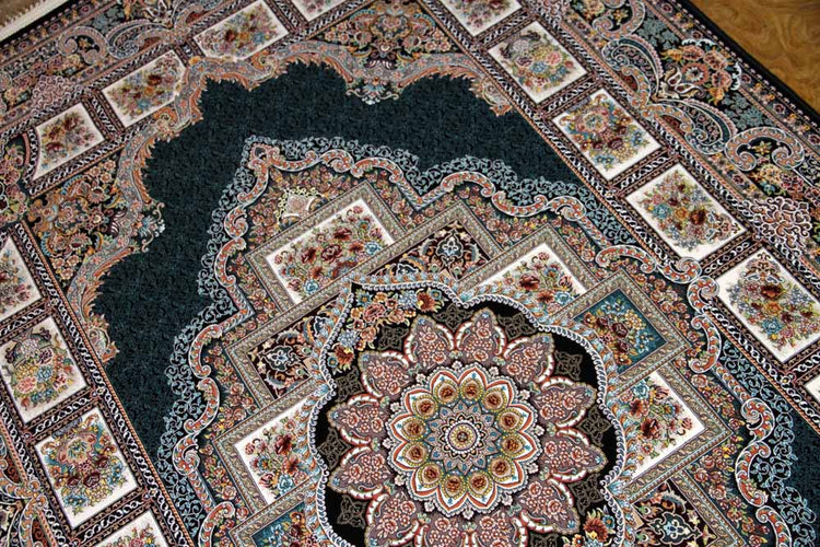 最高級機械織りペルシャカーペットメダリオン紺色990077D,サイズ:225x150 CM (フサを含まず)