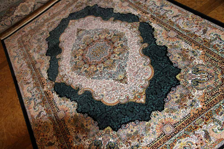 最高級機械織りペルシャカーペットメダリオン紺色990078E,サイズ:225x150 CM (フサを含まず)