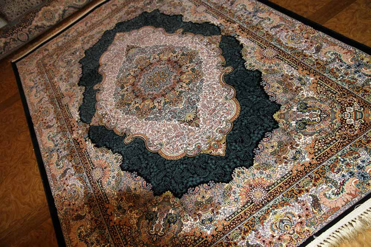 最高級機械織りペルシャカーペットメダリオン紺色990078E,サイズ:225x150 CM (フサを含まず)